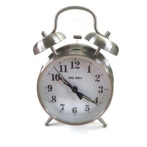 Big Ben 7" x 4.5" Twin Bell Alarm Clock Silver Metal Chrome Black Letters WORKS